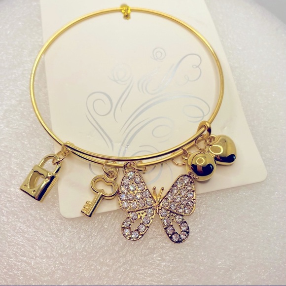 Bracelet Butterfly Chrystals with Heart and keys in Golden tone. - Picture 5 of 7